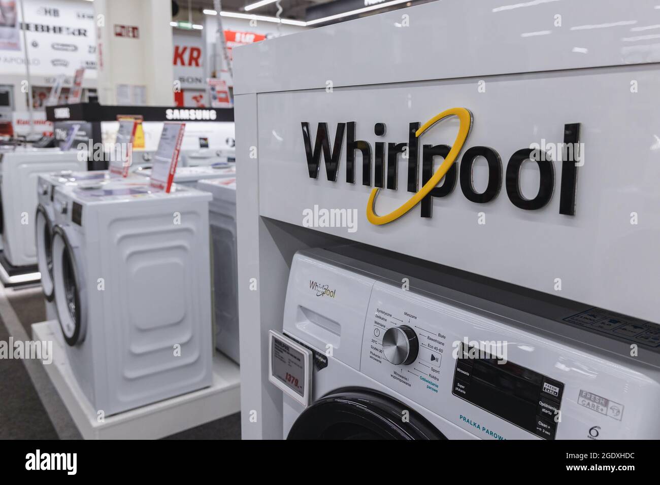 Whirlpool washing machines in MediaMarkt store with household appliances and consumer electronics in Warsaw, Poland Stock Photo