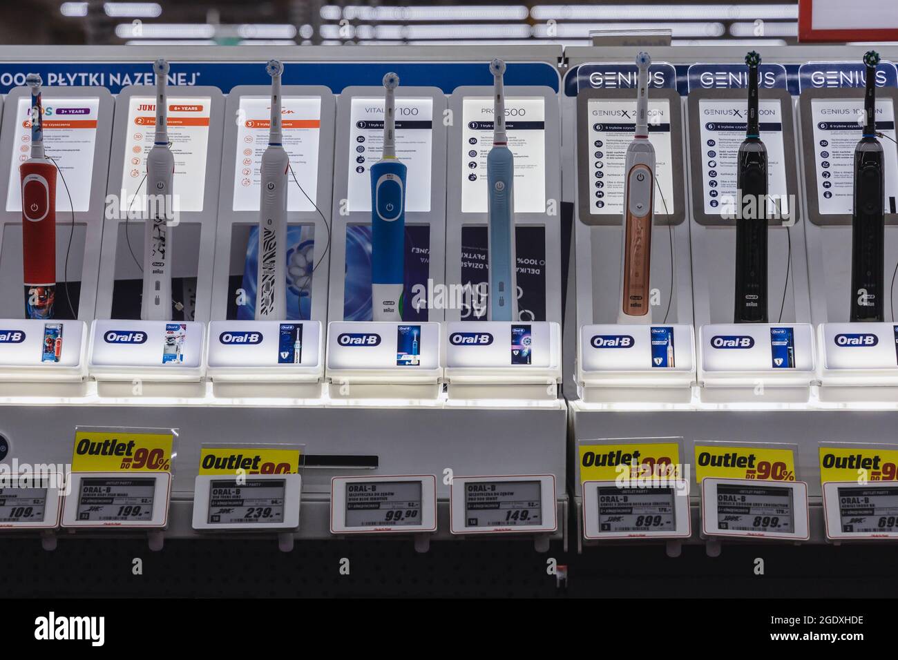 Electric toothbrushes in MediaMarkt store with household appliances and consumer electronics in