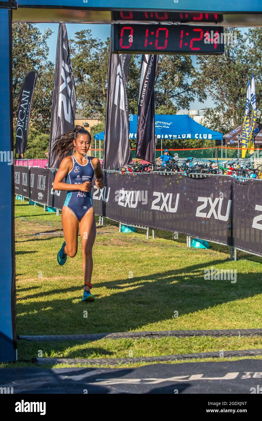 Junior Elite female competitor Lucinda Rourke approaches the finish line  during the 2XU Triathlon Series 2021 at Elwood beach. (Photo by Alexander  Bogatyrev / SOPA Images/Sipa USA Stock Photo - Alamy