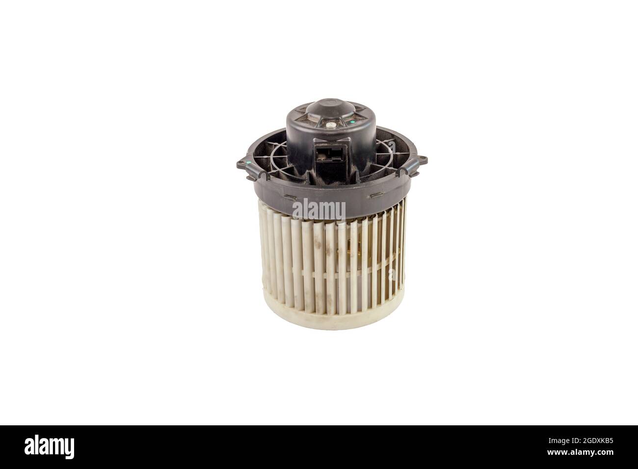 Old air car blower motor isolated on white background. Old dirty air blower fan motor of car