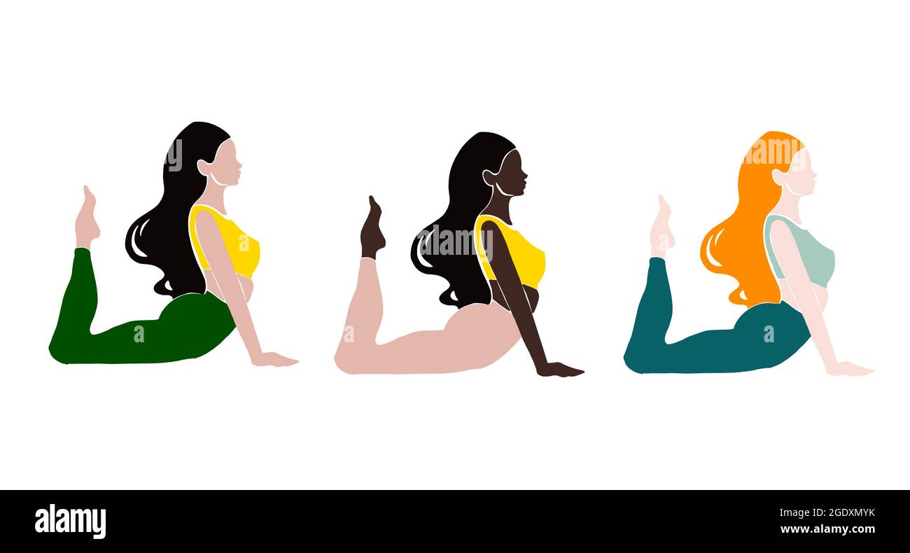Set Young girl yoga posing. Flat style illustration. African American ...