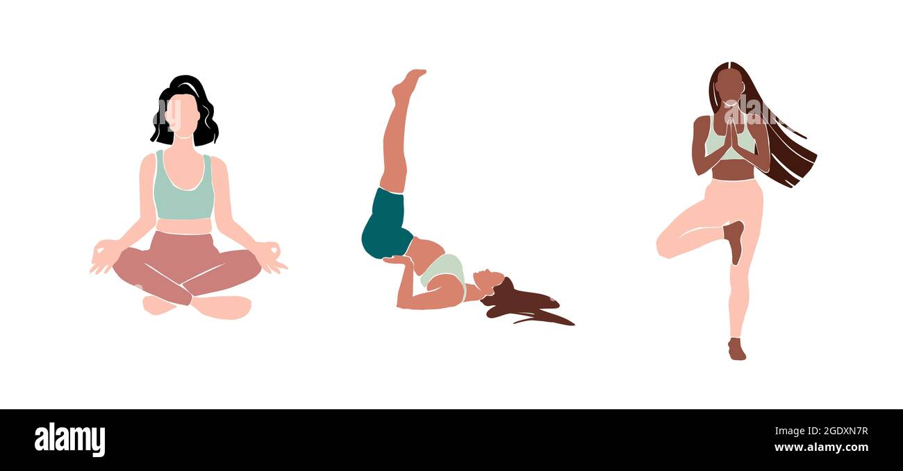 Set Young girl yoga posing. Flat style illustration. African American ...