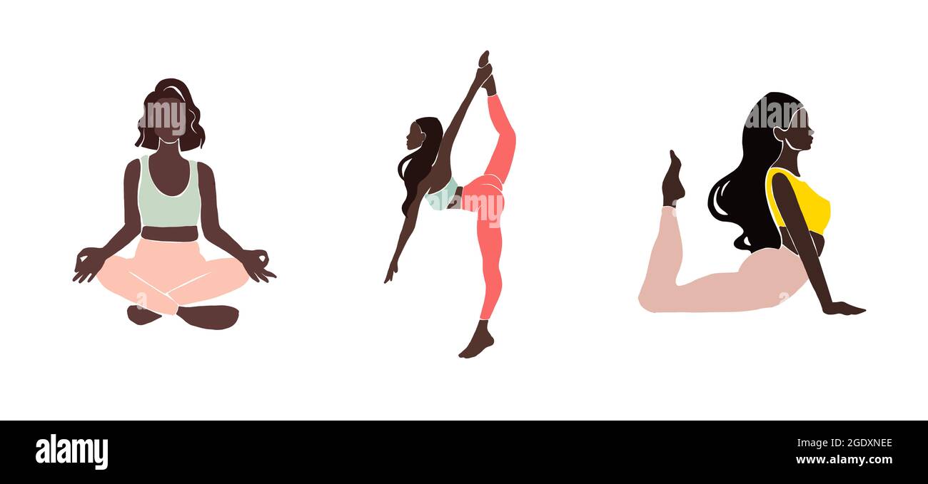 Set Young girl yoga posing. Flat style illustration. African American ...