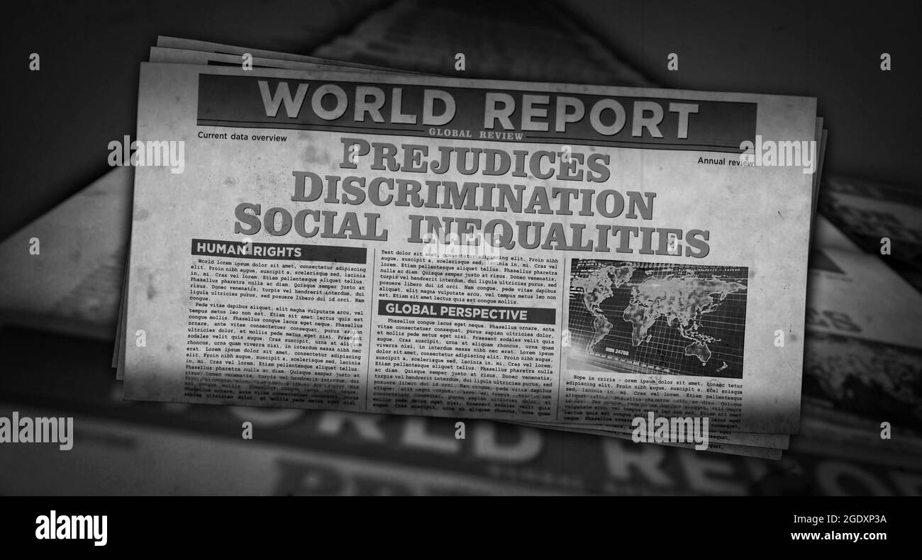 Prejudices, discrimination, social inequalities and bias global crisis. Newspaper print. Vintage press abstract concept. Retro 3d rendering illustrati Stock Photo