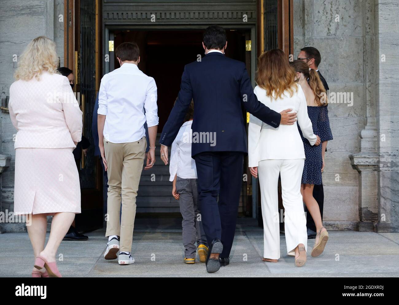 Canada's Prime Minister Justin Trudeau attends Rideau Hall with his wife  Sophie Gregoire and their children Ella-Grace, Xavier and Hadrien, to speak  with Governor General Mary Simon in Ottawa, Ontario, Canada, August