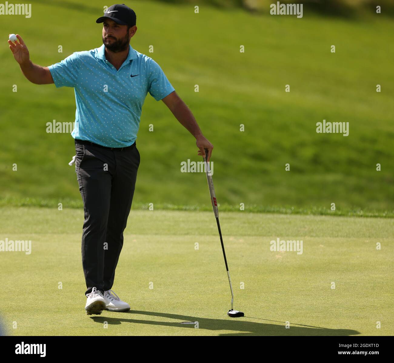 Alexander Levy reacts after finishing the 18th during day four of the Cazoo  Classic at the London Golf Club in Ash, Kent. Picture date: Sunday August  15, 2021 Stock Photo - Alamy