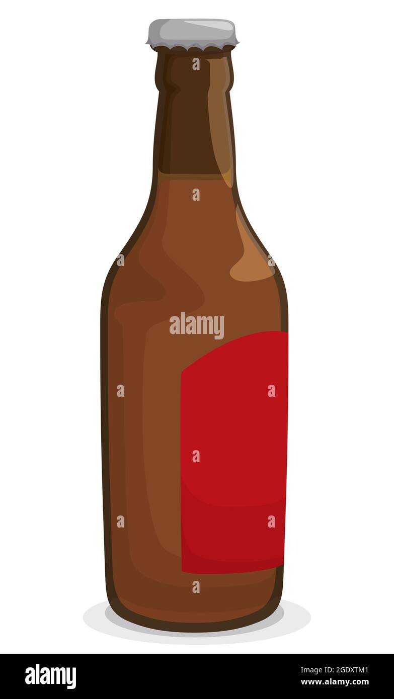 Isolated brown glass bottle without uncapping, red label and liquid inside, in cartoon style and white background. Stock Vector