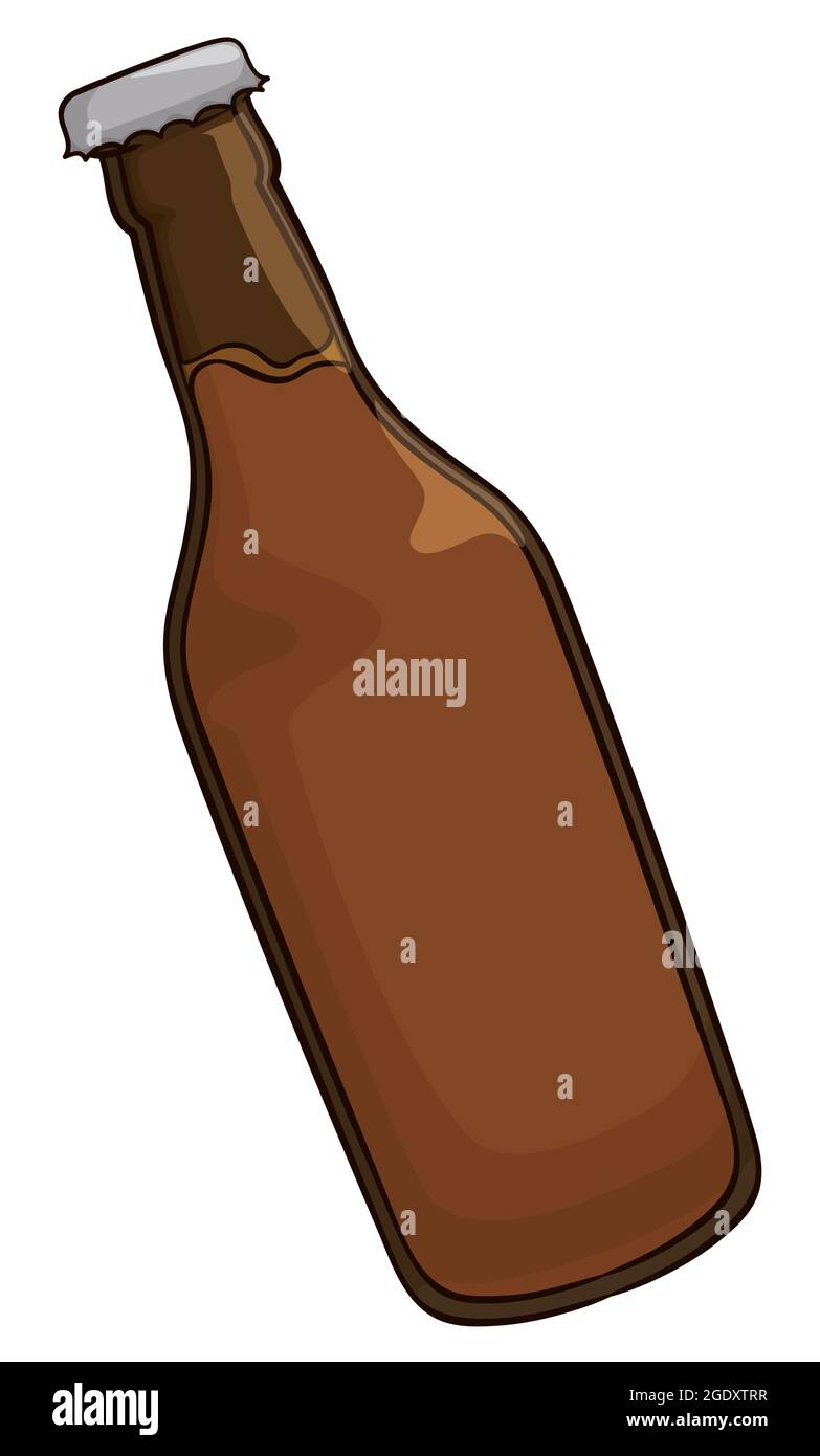 Isolated glass bottle without uncapping with liquid inside, in cartoon style and outlines. Stock Vector