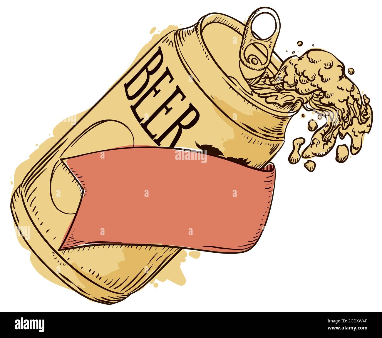Colored drawing of a beer can spilling liquid and froth, decorated with