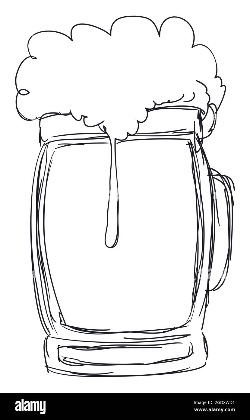 Drawing of a beer tankard mug with handle and abundant froth, isolated