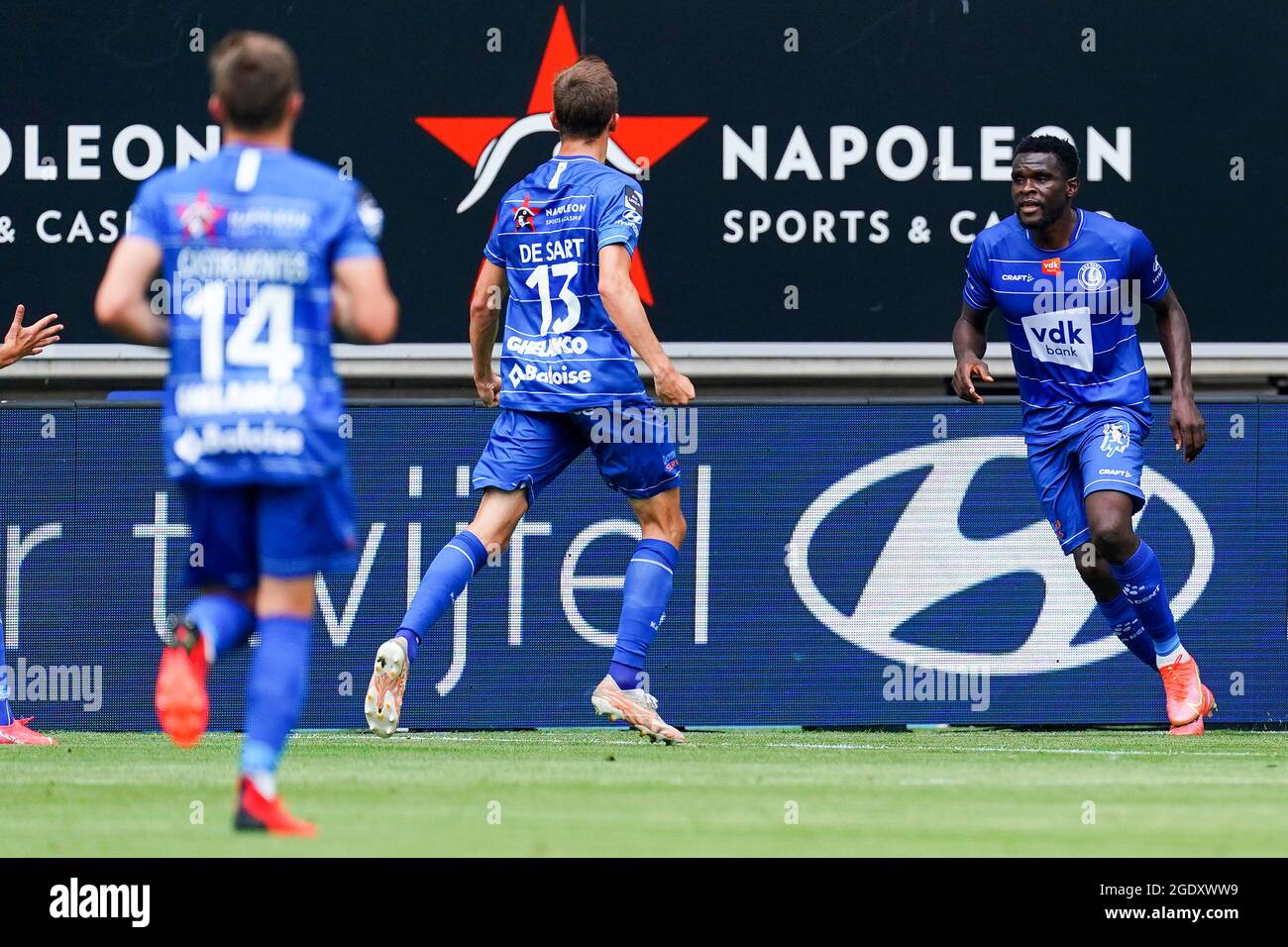 Gent Belgium August 15 Alessio Castro Montes Of Kaa Gent Julien De Sart Of Kaa Gent Michael Ngadeu Ngadjui Of Kaa Gent After His 1 0 During The Jupiler Pro League Match Gent Belgium August 15 Alessio Castro Montes Of Kaa Gent Julien De Sart Of Kaa Gent Michael Ngadeu Ngadjui Of Kaa Gent After His 1 0 During The Jupiler Pro League Match