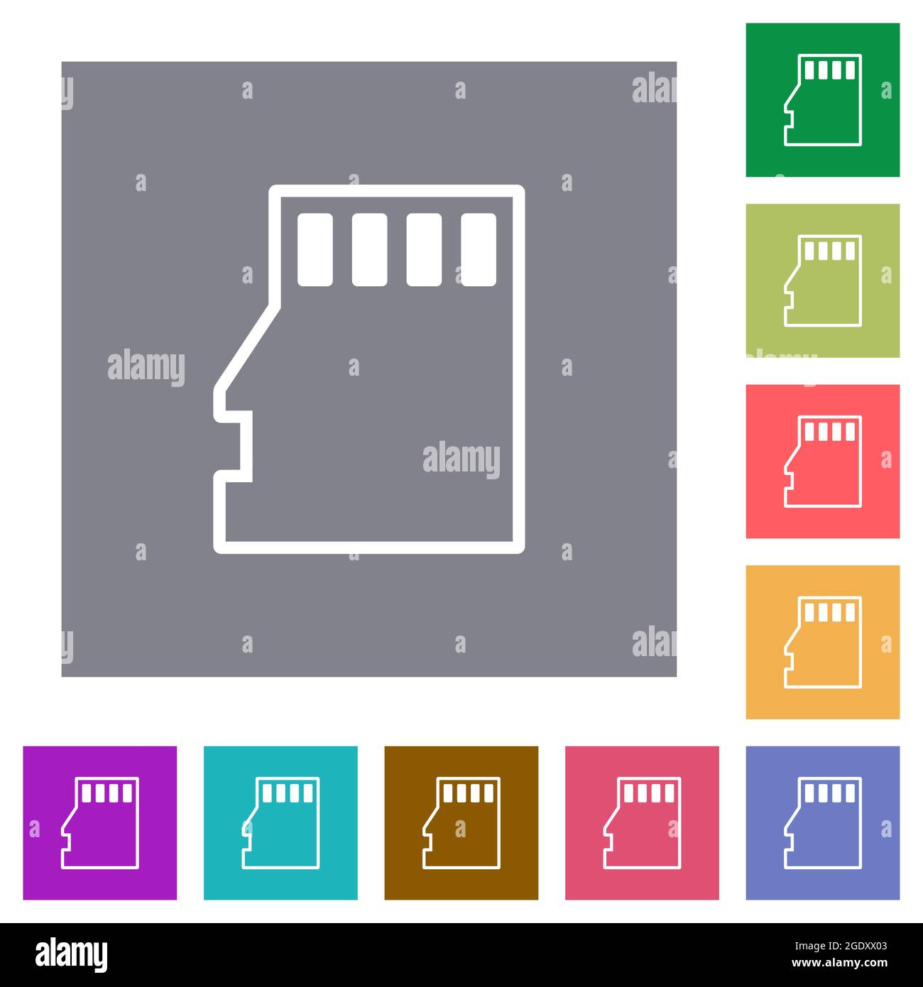 Micro SD memory card outline flat icons on simple color square backgrounds Stock Vector