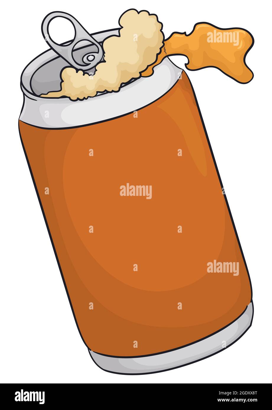 Can of soda or beer spilling abundant froth and liquid, isolated over white background. Stock Vector