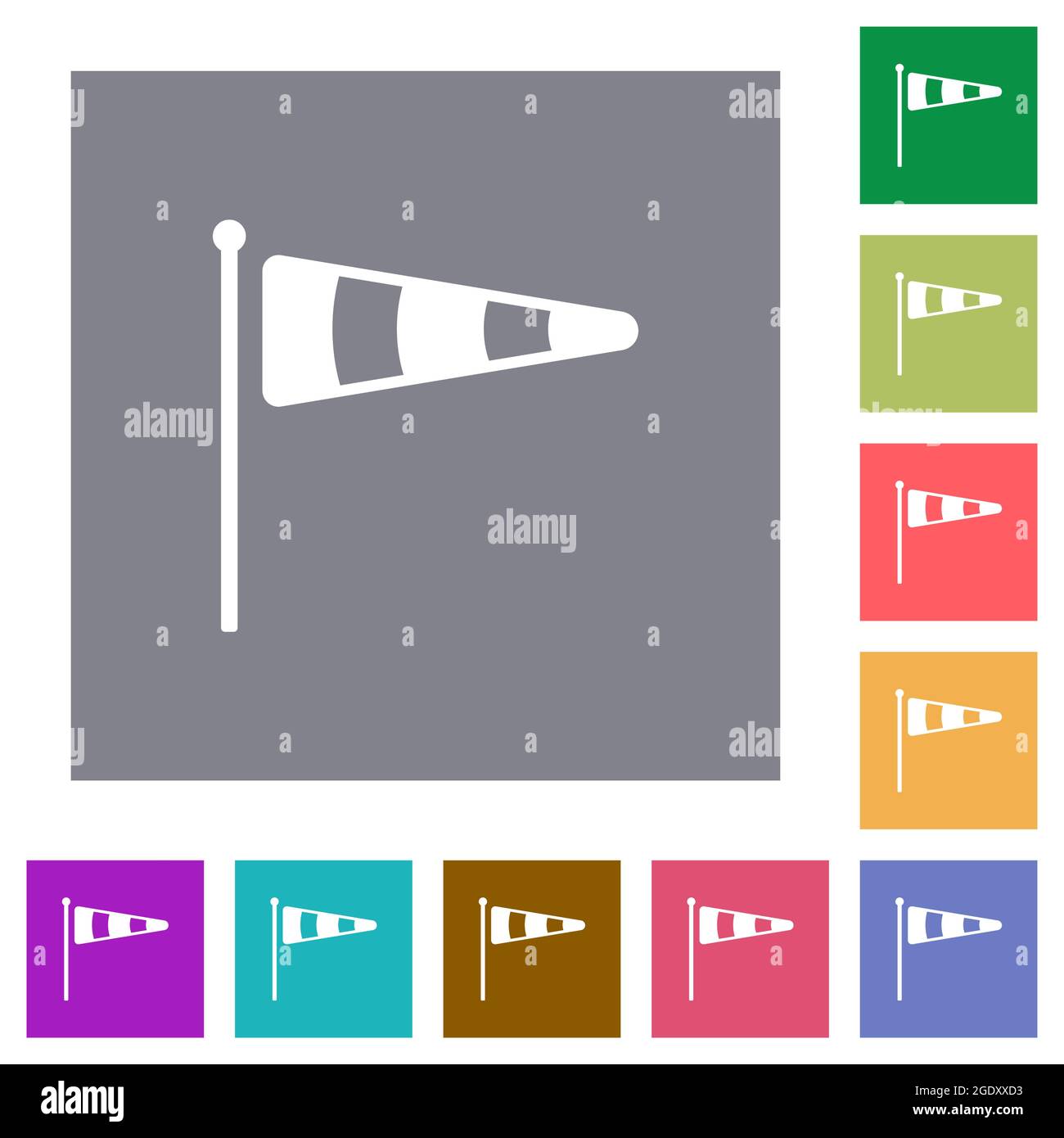 Windsock indicator solid flat icons on simple color square backgrounds Stock Vector