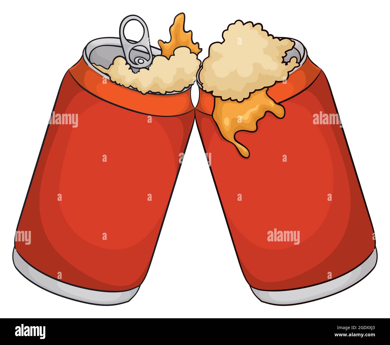Two opened beer cans toasting, spilling liquid and froth, in cartoon style. Stock Vector