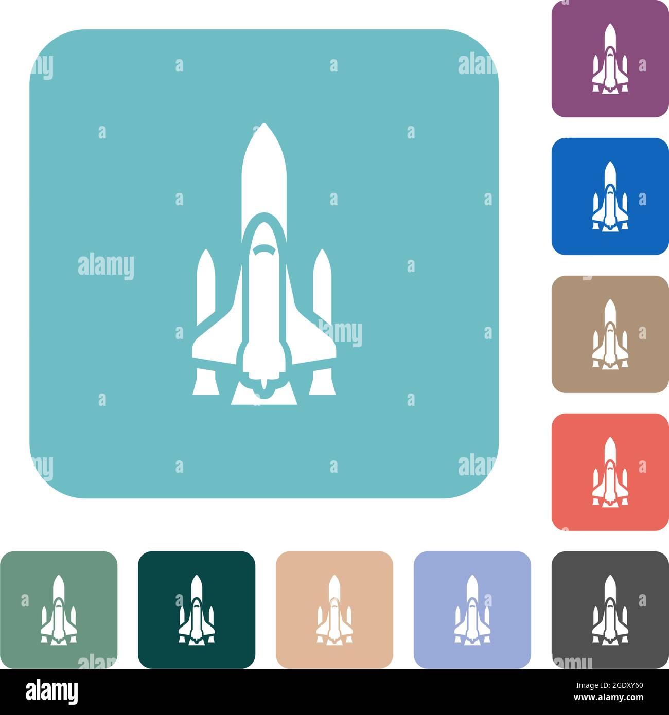 Space shuttle with launchers white flat icons on color rounded square ...