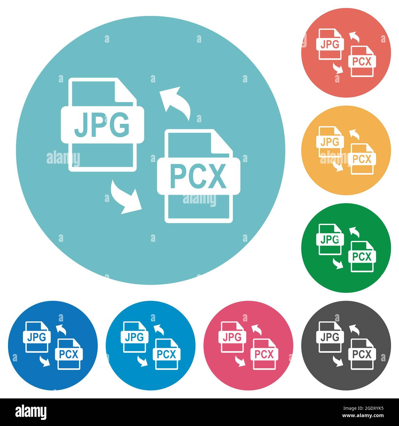 JPG PCX file conversion flat white icons on round color backgrounds ...