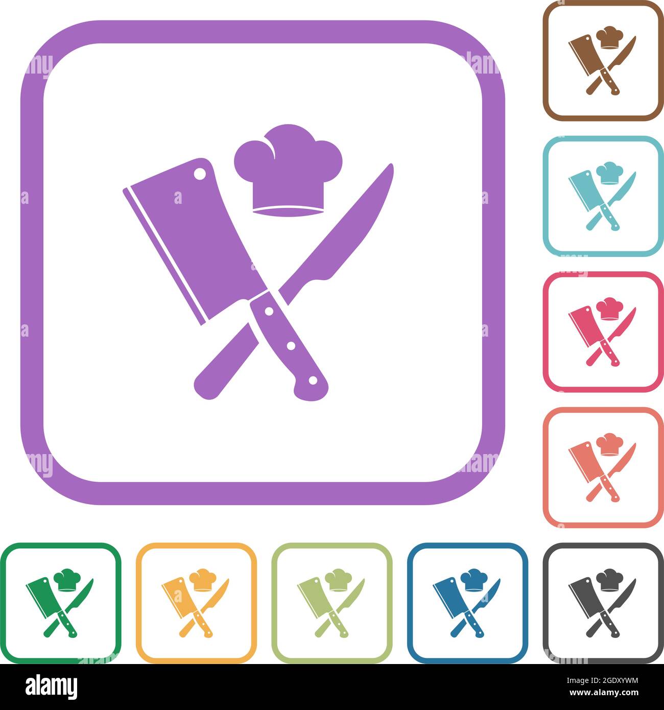 Crossed meat cleaver and knife with chef hat simple icons in color ...