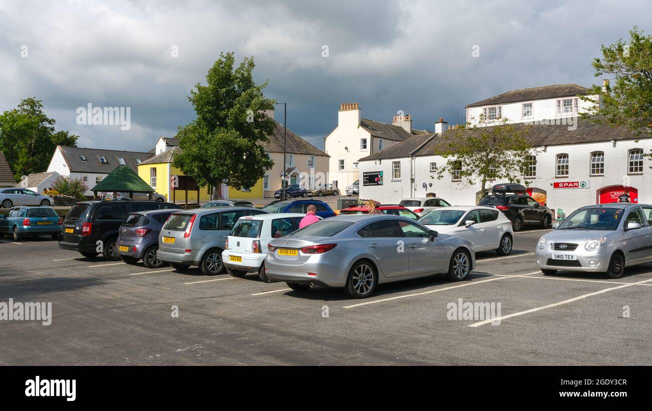 Gatehouse, Scotland - August 15th 2021: Car Park in central Gatehouse of Fleet, Scottish town in Dumfries and Galloway Stock Photo
