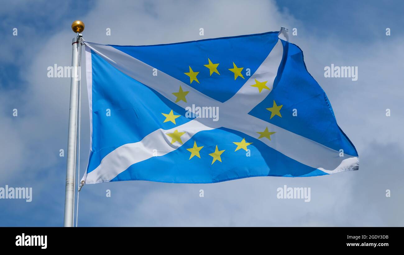 A Scottish Saltire and European Union flag with 12 golden stars in the centre Stock Photo