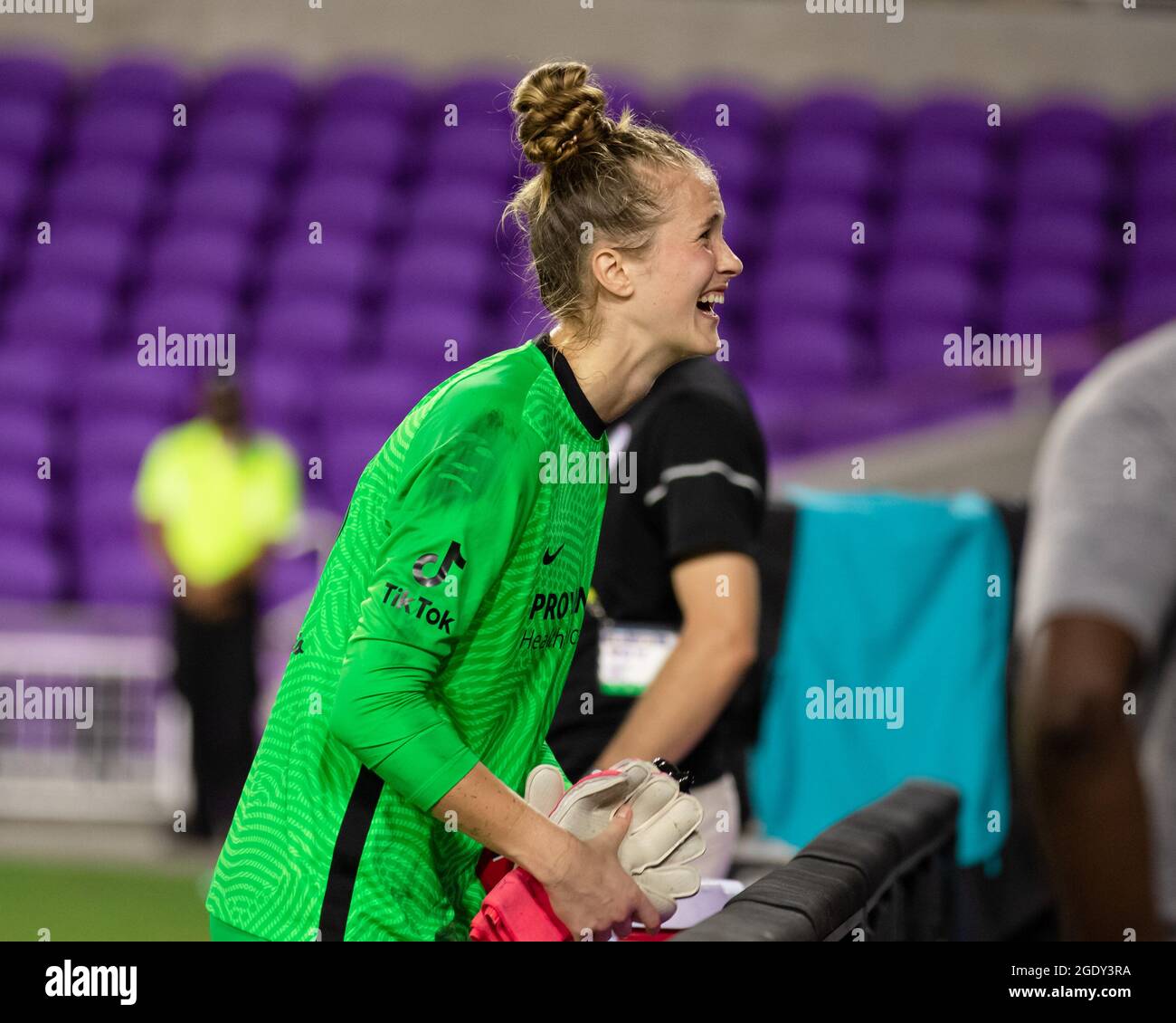 Orlando, United States. 15th Aug, 2021. Bella Bixby (31 Portland Thorns) laughs with fans during