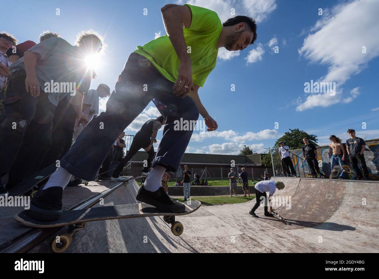 14/08/2021. London, UK. Skateboarders take part in the Harrow Skate Park  Jam event. The concrete skate park, a. k. a Solid Surf, was built and  opened on 15th July 1978. It is