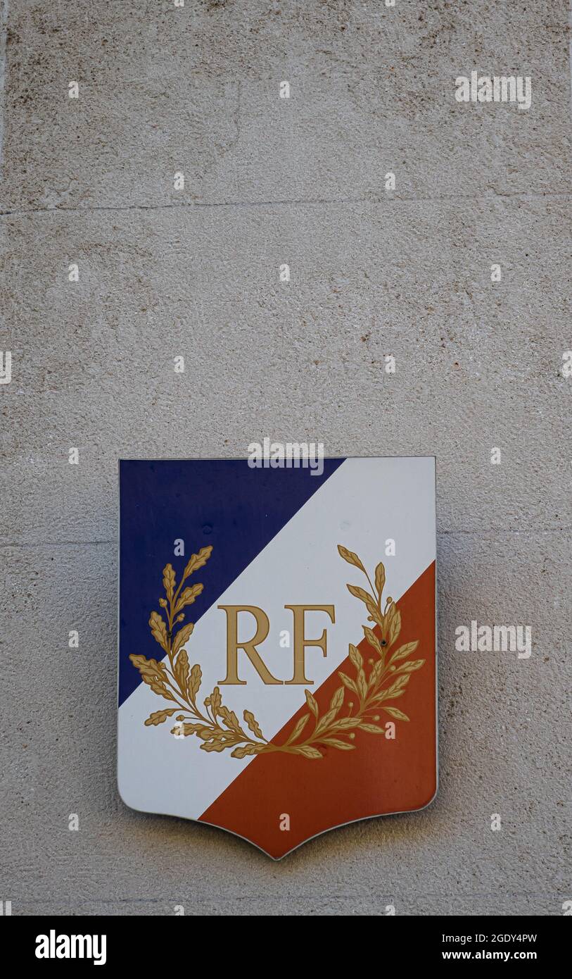 Briancon, France - July 7, 2020: Tricolor emblem of the french republic on the wall of the regional government Stock Photo