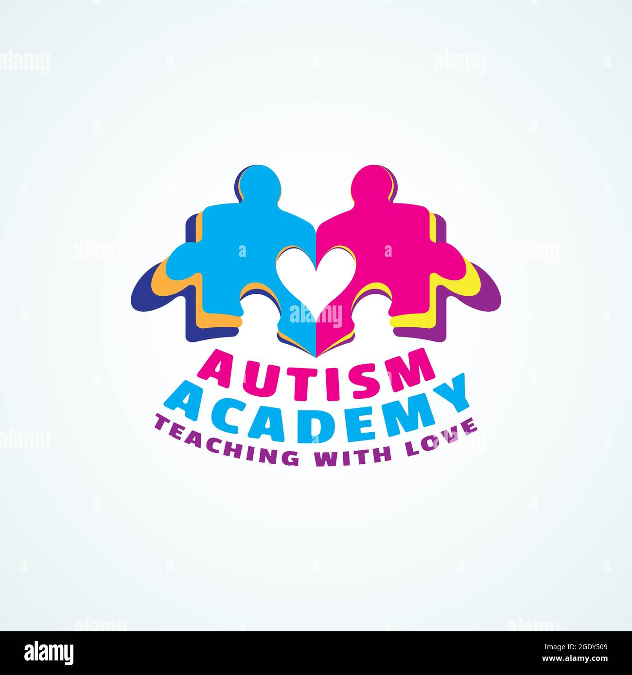 Playful logo for Autism Academy. Colourful Kids Puzzle Book with Heart shape. Tagline : Teaching with love Stock Vector