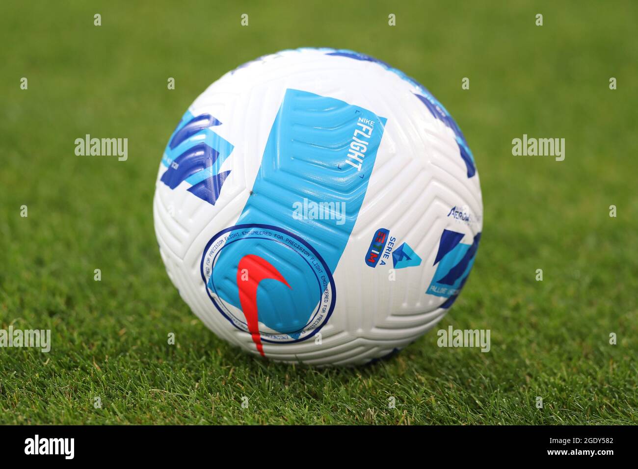 Turin, Italy, 14th August 2021. A Nike Flight Official Serie A matchball during the Pre Season Friendly match at Allianz Stadium, Turin. Picture credit should read: Jonathan Moscrop / Sportimage Stock Photo