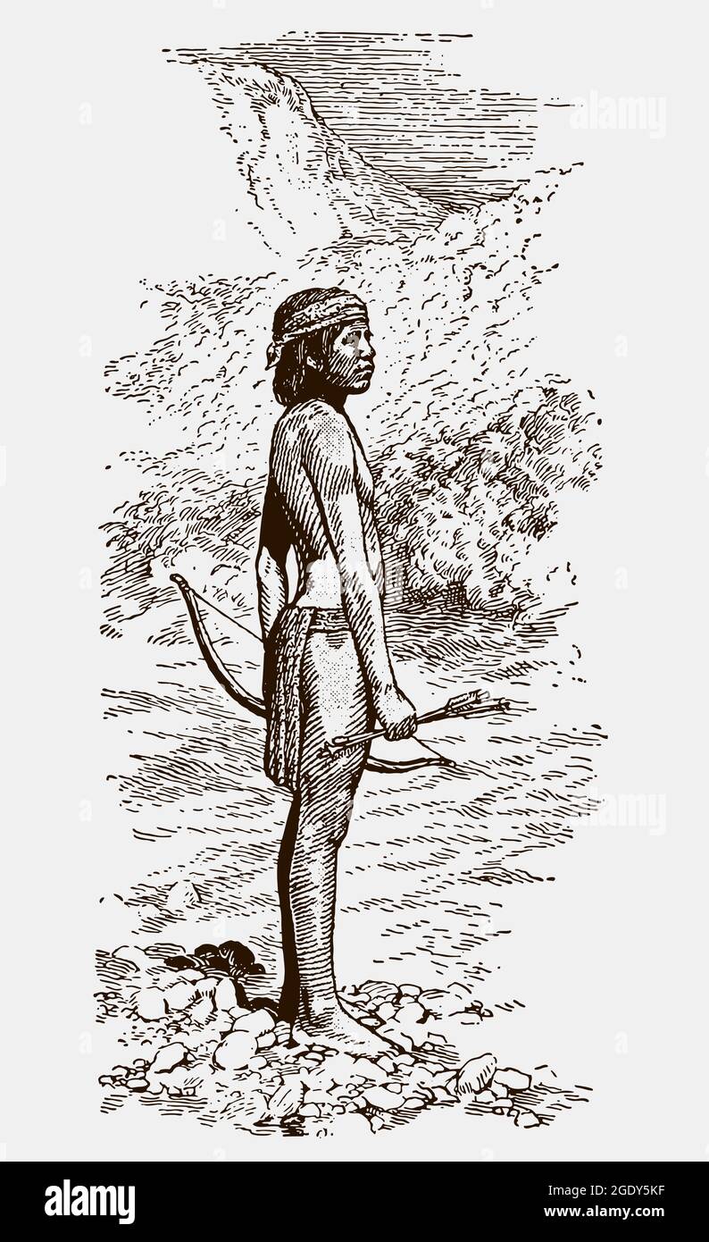 Young historical Salish warrior standing on a rock and holding bow and arrows. Illustration after antique engraving from the early 20c Stock Vector