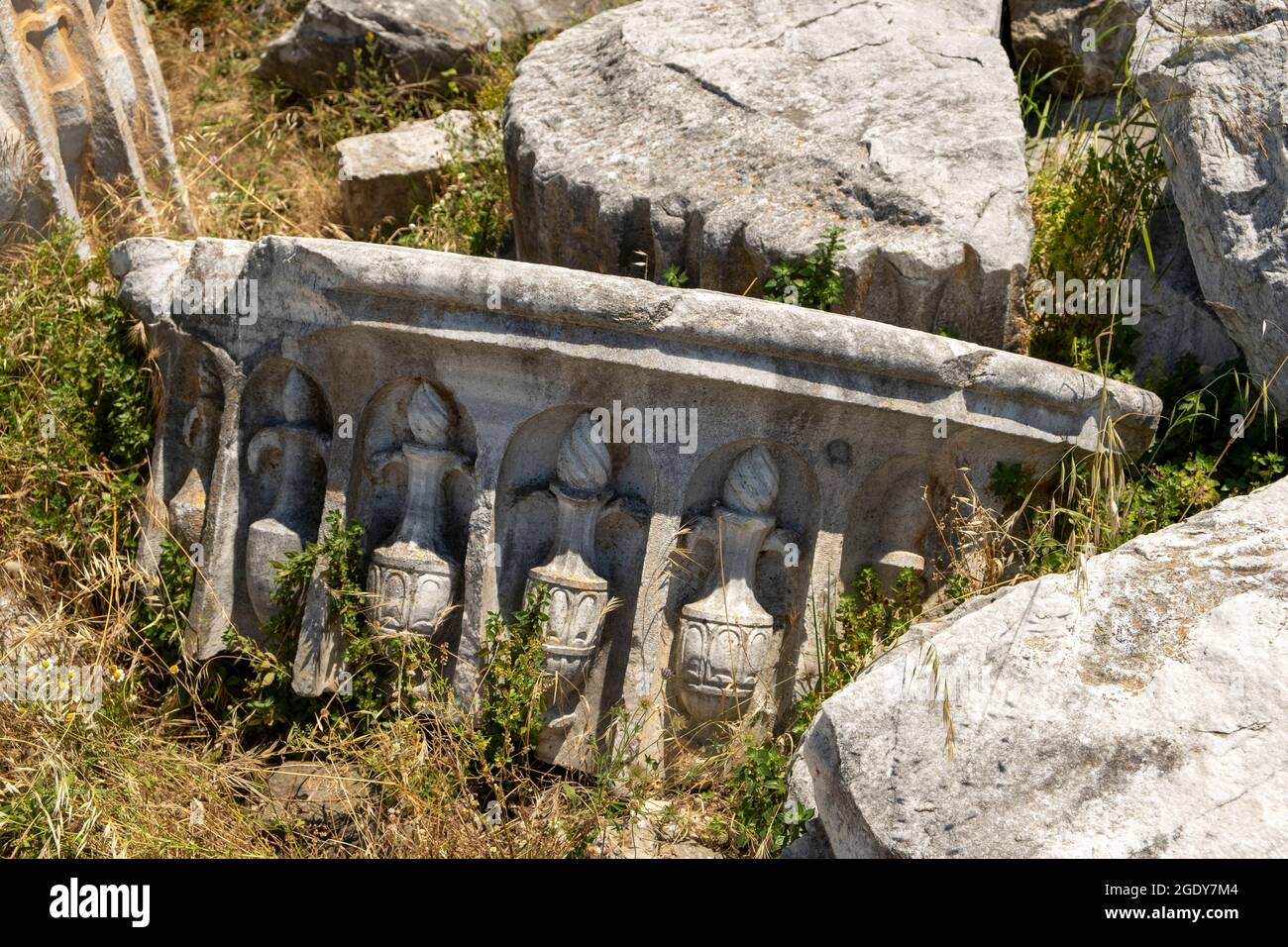 During excavations at the Temple of Kyzikos Hadrian in the northwestern province of Balikesir's Erdek district, the world's biggest Corinthian-style c Stock Photo