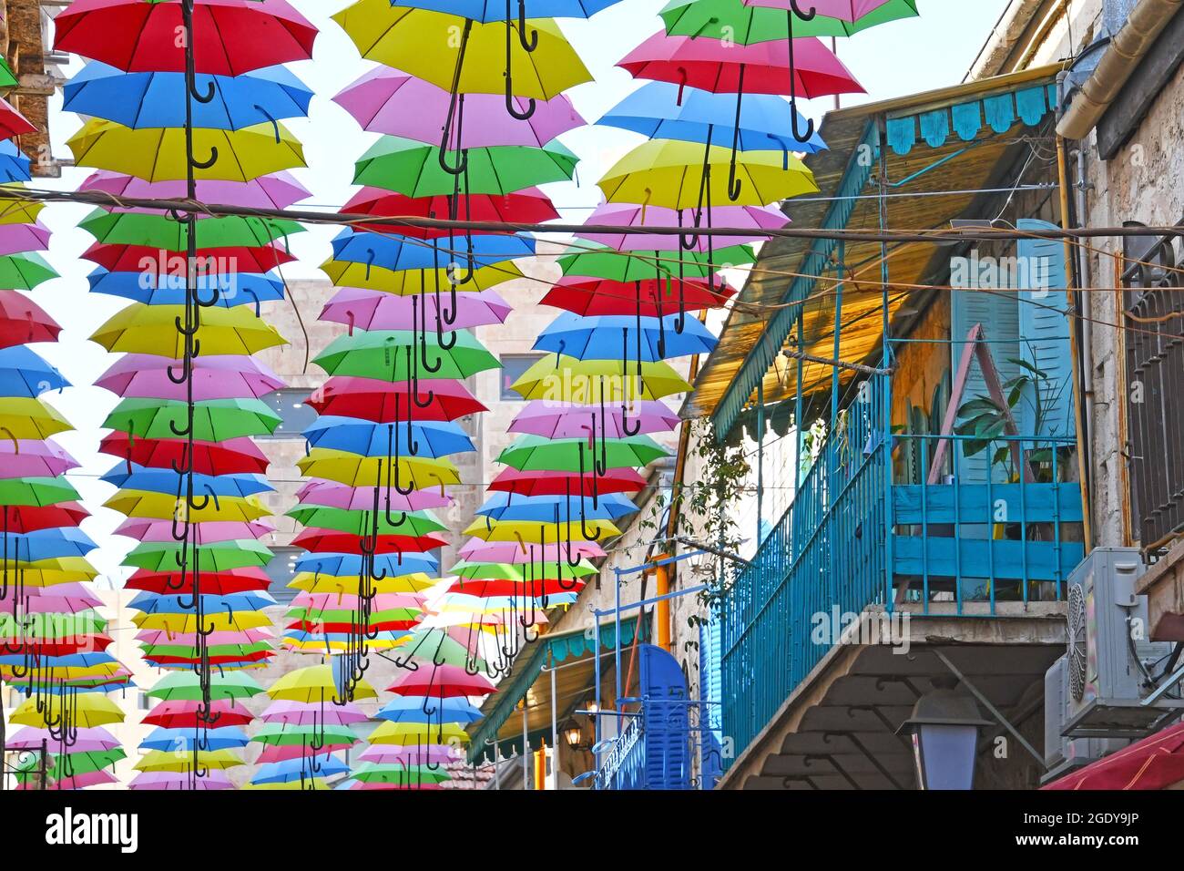 Colorful umbrellas over Salomon street, Jerusalem, Israel Stock Photo