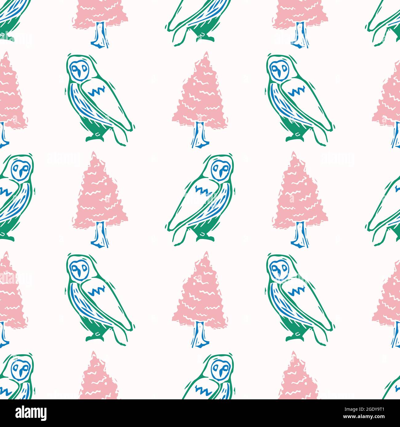 Playful fresh doodle owl shape seamless background. Modern trendy minimal retro style motif pattern. Hand drawn simple colorful design isolated on Stock Vector