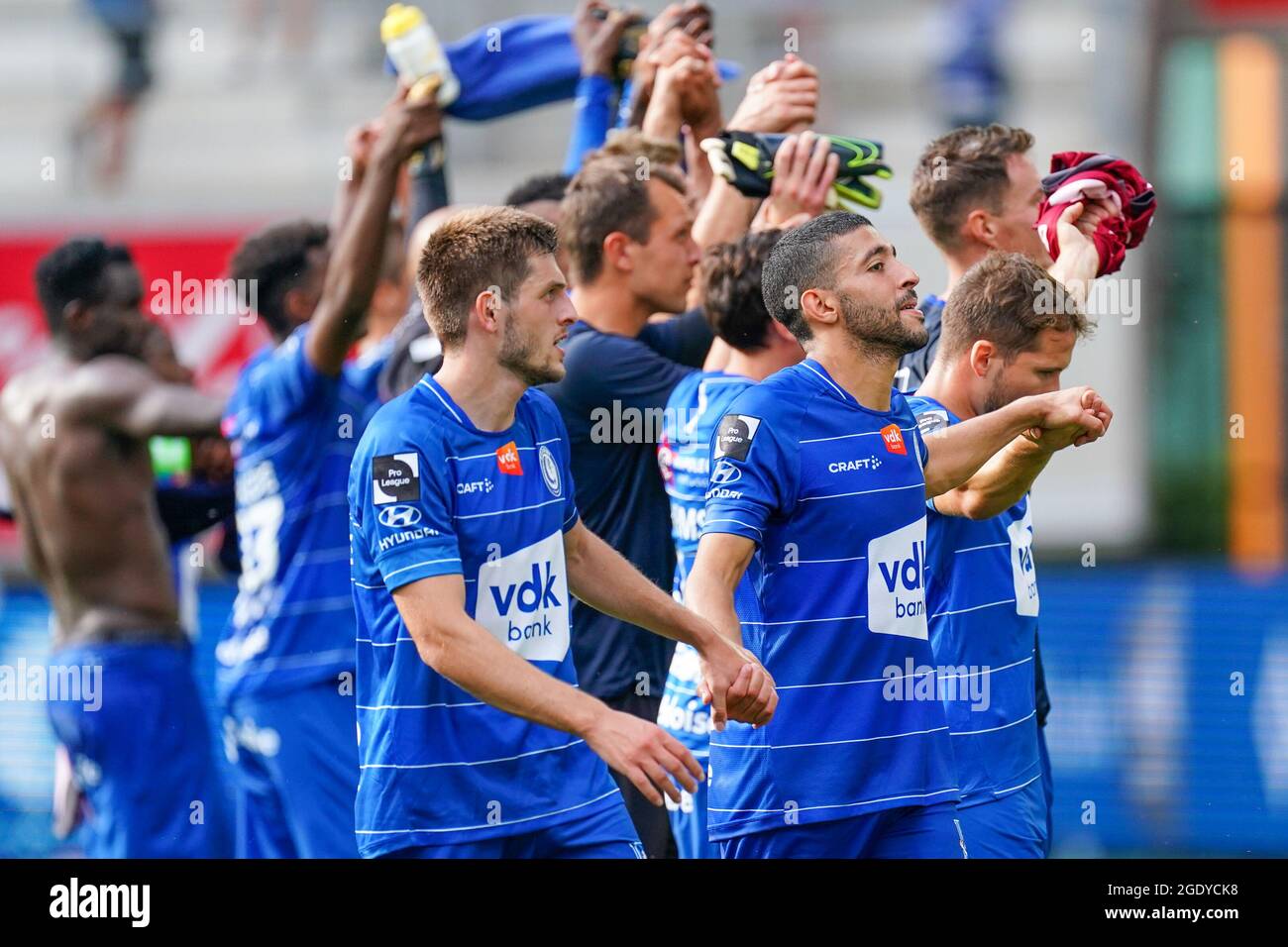 Gent Belgium August 15 Players Of Kaa Gent With Tarik Tissoudali Of Kaa Gent During The Jupiler Pro League Match Between Kaa Gent And Kv Mechelen At Ghelamco Arena On August