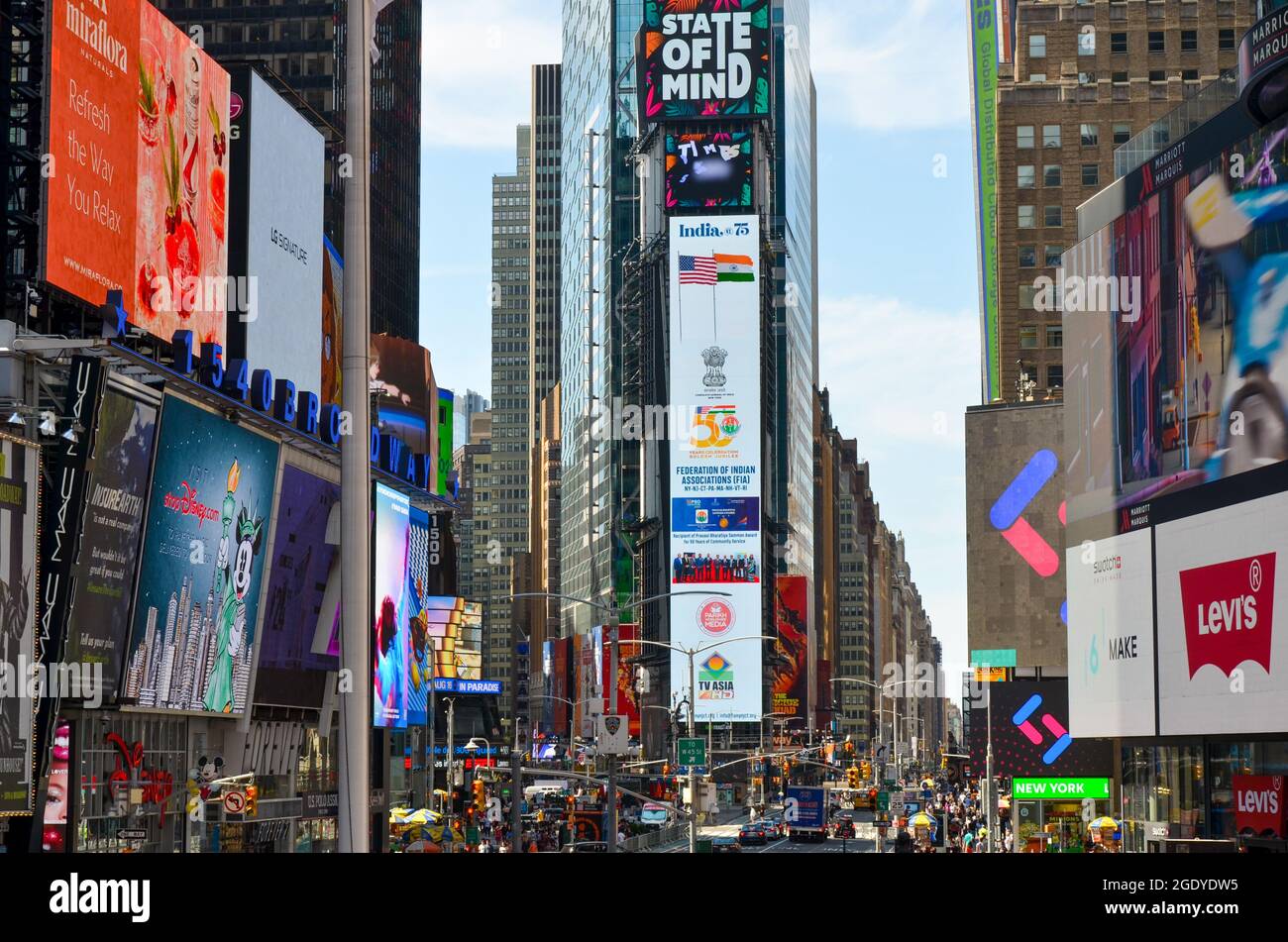 Hundreds of Indian New Yorkers gathered at Times Square, New York City to celebrate the 75th Indian Independent day on Aug 15, 2021. Stock Photo