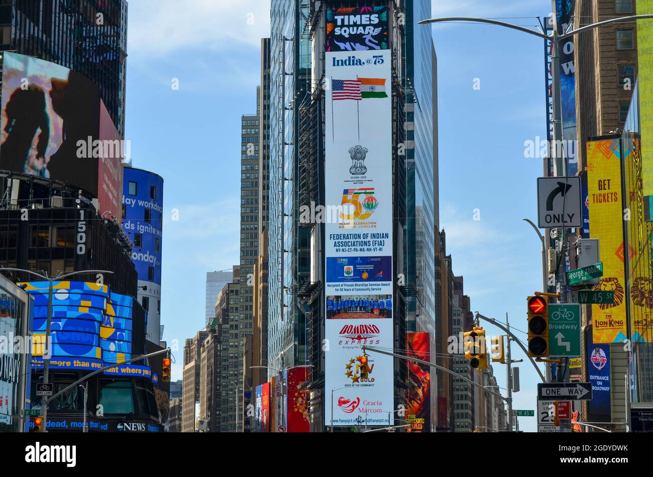 Hundreds of Indian New Yorkers gathered at Times Square, New York City to celebrate the 75th Indian Independent day on Aug 15, 2021. Stock Photo