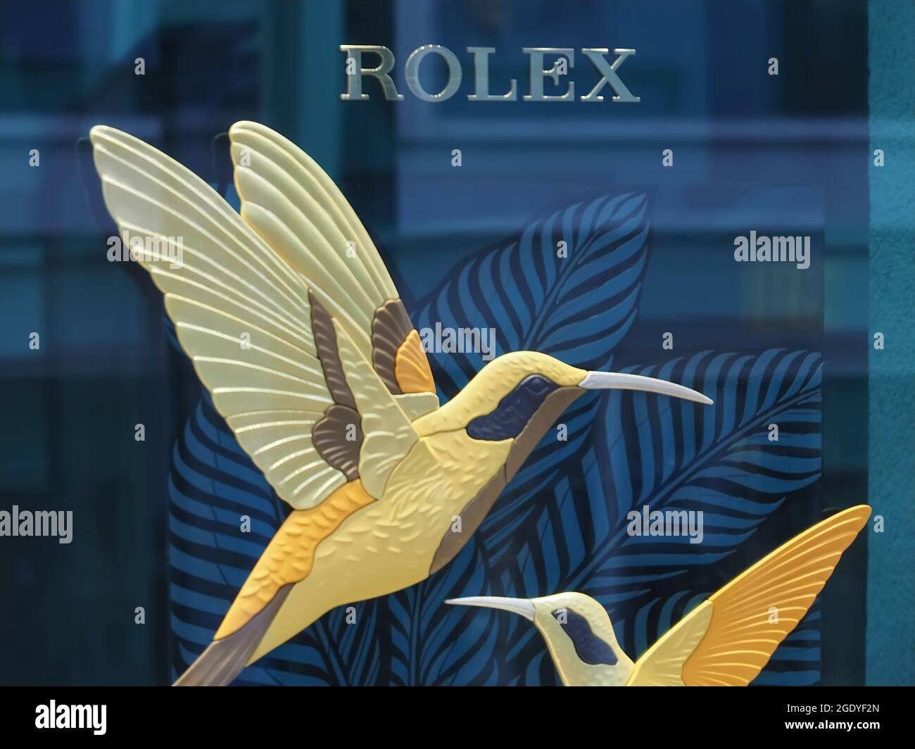 HAMBURG, GERMANY Aug 01, 2021 A closeup of Rolex Logo with birds on