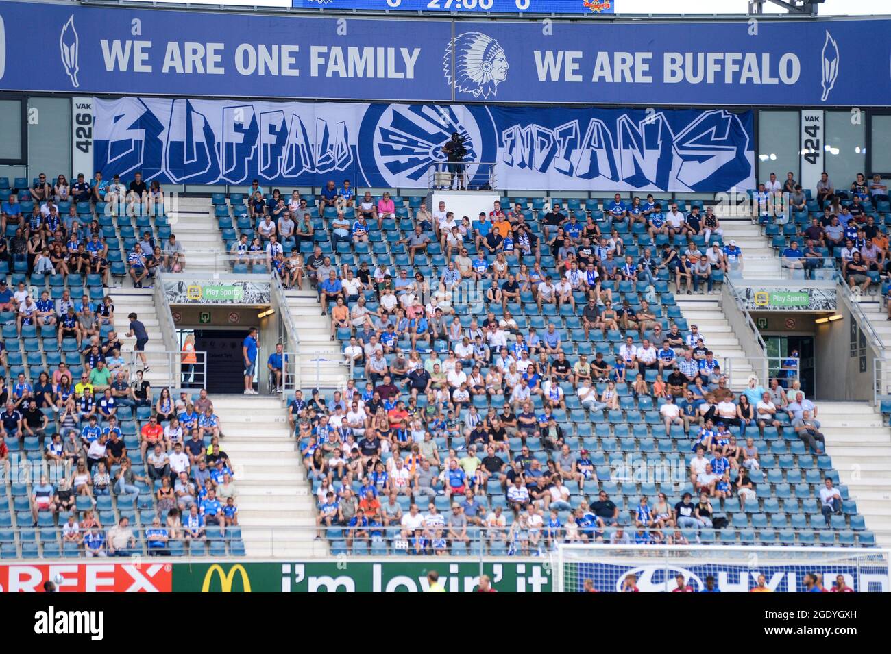 Gent Belgium August 15 Supporters And Fans Of Kaa Gent With A Banner Of Buffalo Indians During The Jupiler Pro League Match Between Kaa Gent And Kv Mechelen At Ghelamco Arena