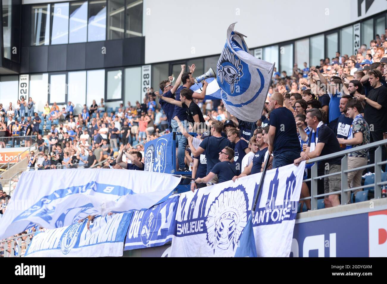 Gent Belgium August 15 Supporters And Fans Of Kaa Gent During The Jupiler Pro League Match Between Kaa Gent And Kv Mechelen At Ghelamco Arena On August 15 21 In Gent