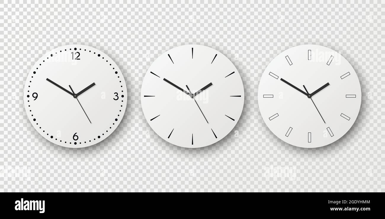 Vector 3d Realistic White Wall Office Clock Dial Icon Set Isolated