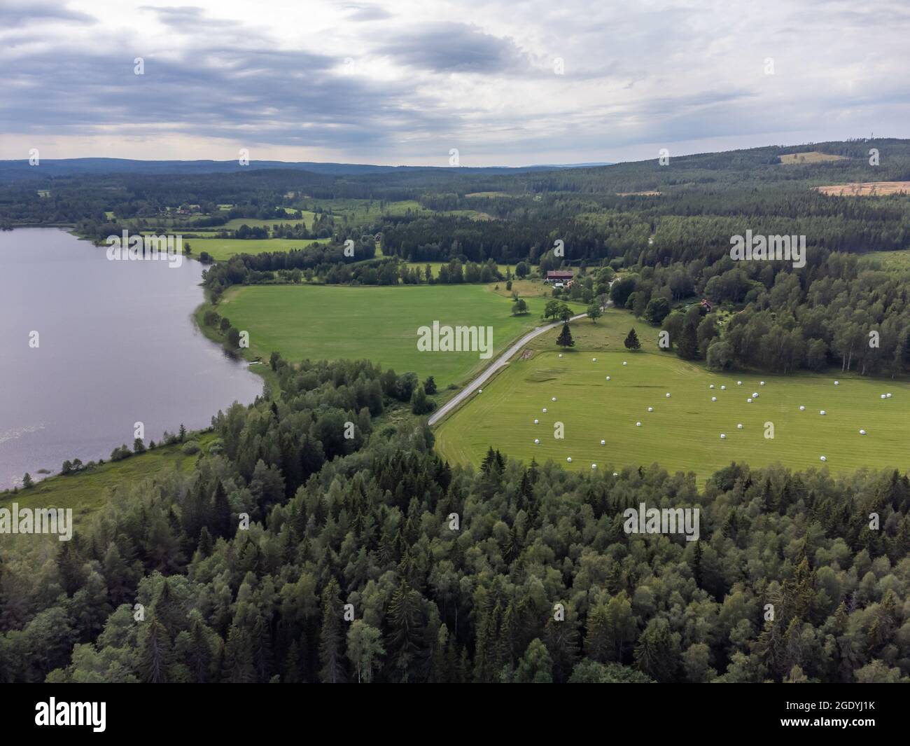 An aerial view of the green fields and forests against the cloudy sky ...