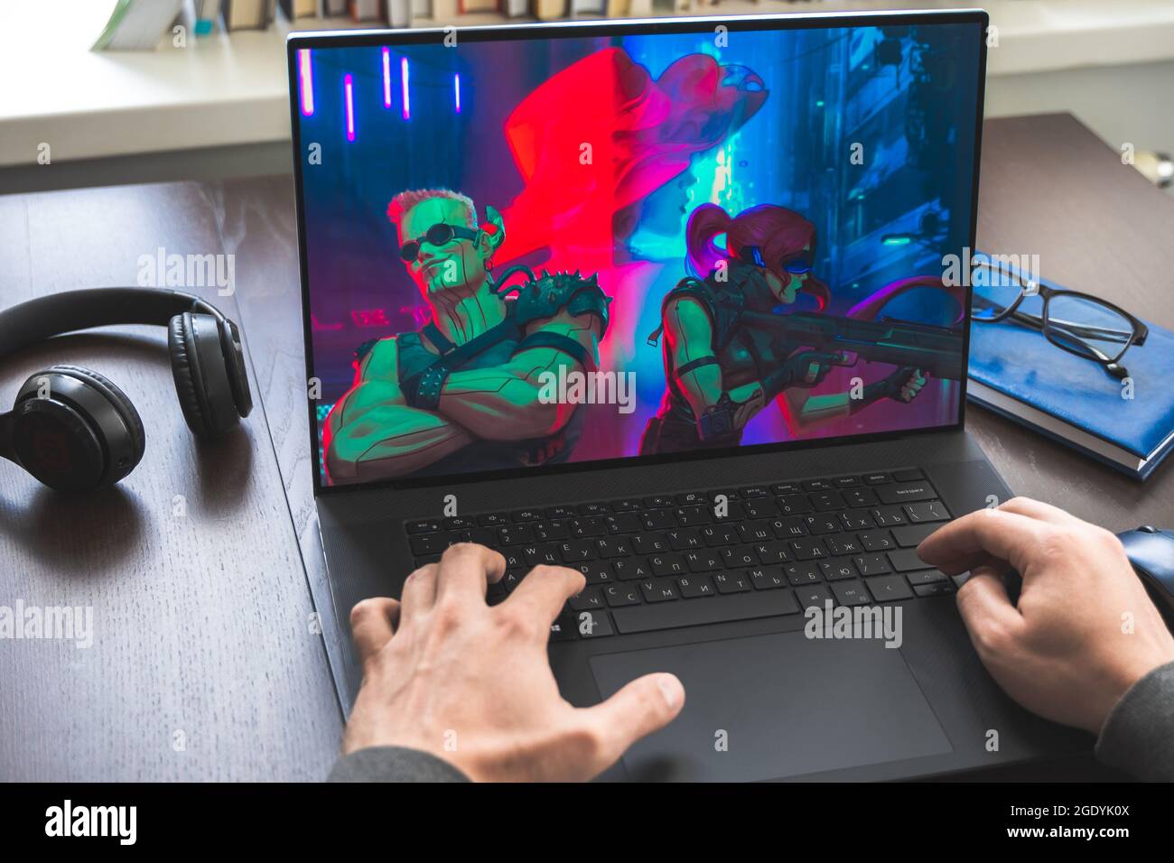 Russia Moscow 30.05.2021.Logo, screenshot of blockchain nft ethereum  cryptocurrency kiber punk game Neon District in laptop screen. Man  playing,collec Stock Photo - Alamy