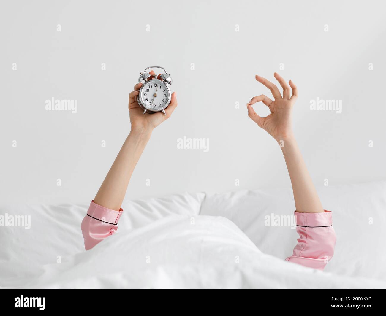 Healthy sleep, wake up on time, great rest, start to work and good morning Stock Photo