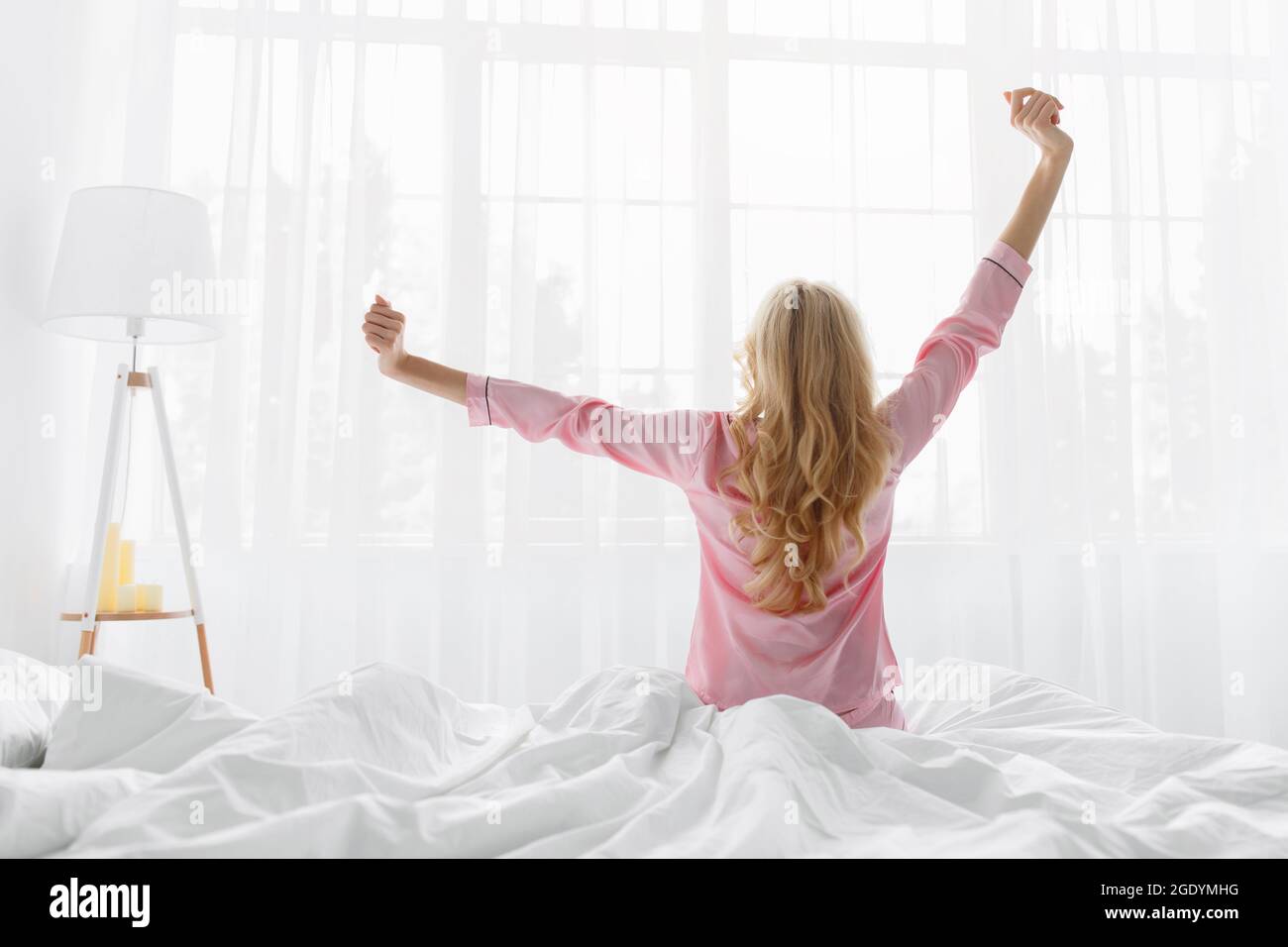Cozy interior, positive mood, enjoy good morning, freedom, vacation and weekends Stock Photo