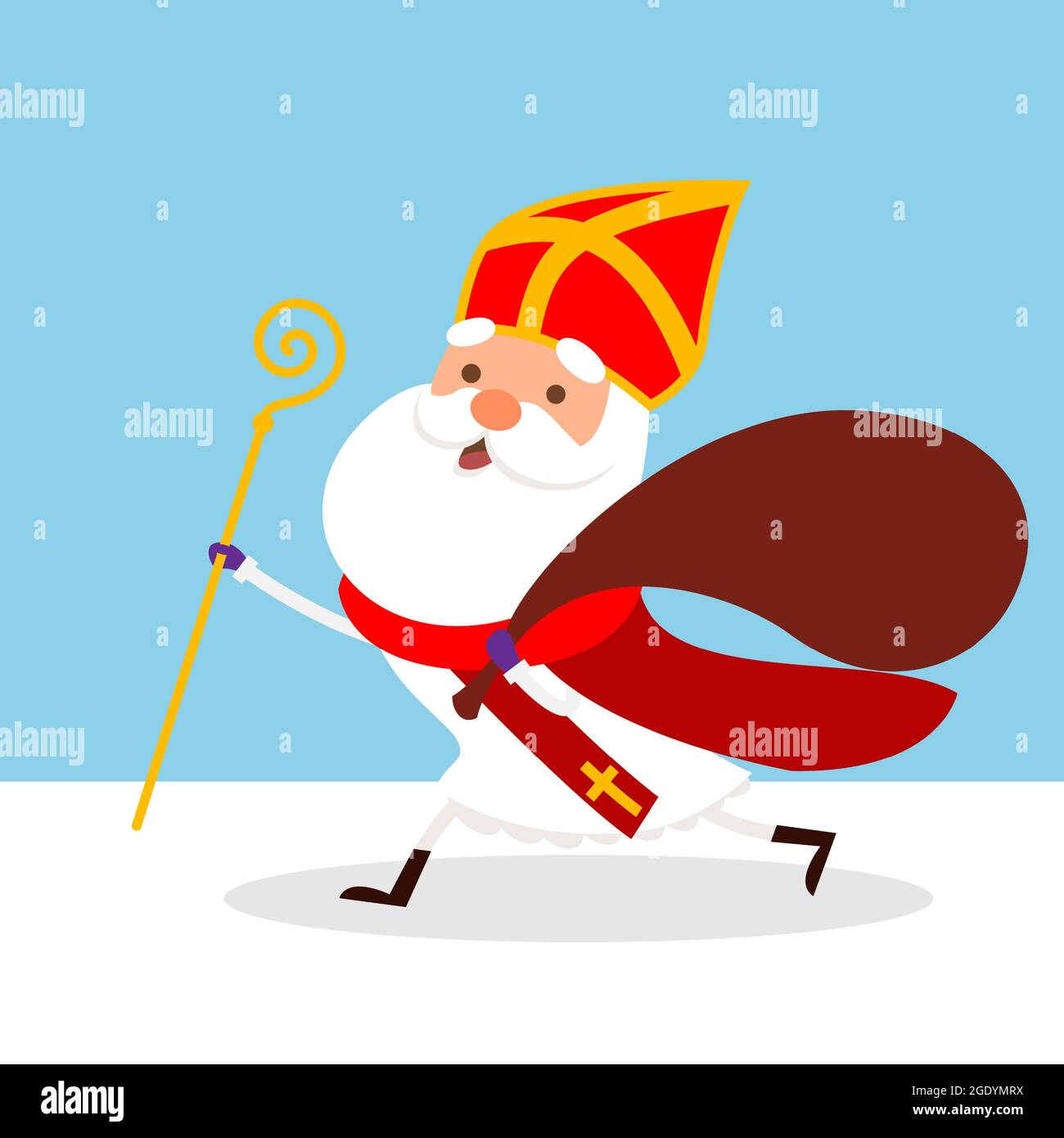 Cute Saint Nicholas running to town with gift bag - vector illustration Stock Vector