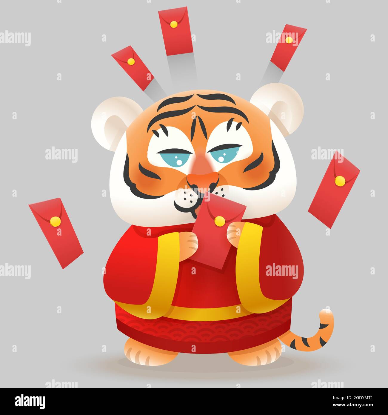Tiger with traditional Chinese costume and red envelopes with money celebrate Year of Tiger - vector illustration isolated Stock Vector