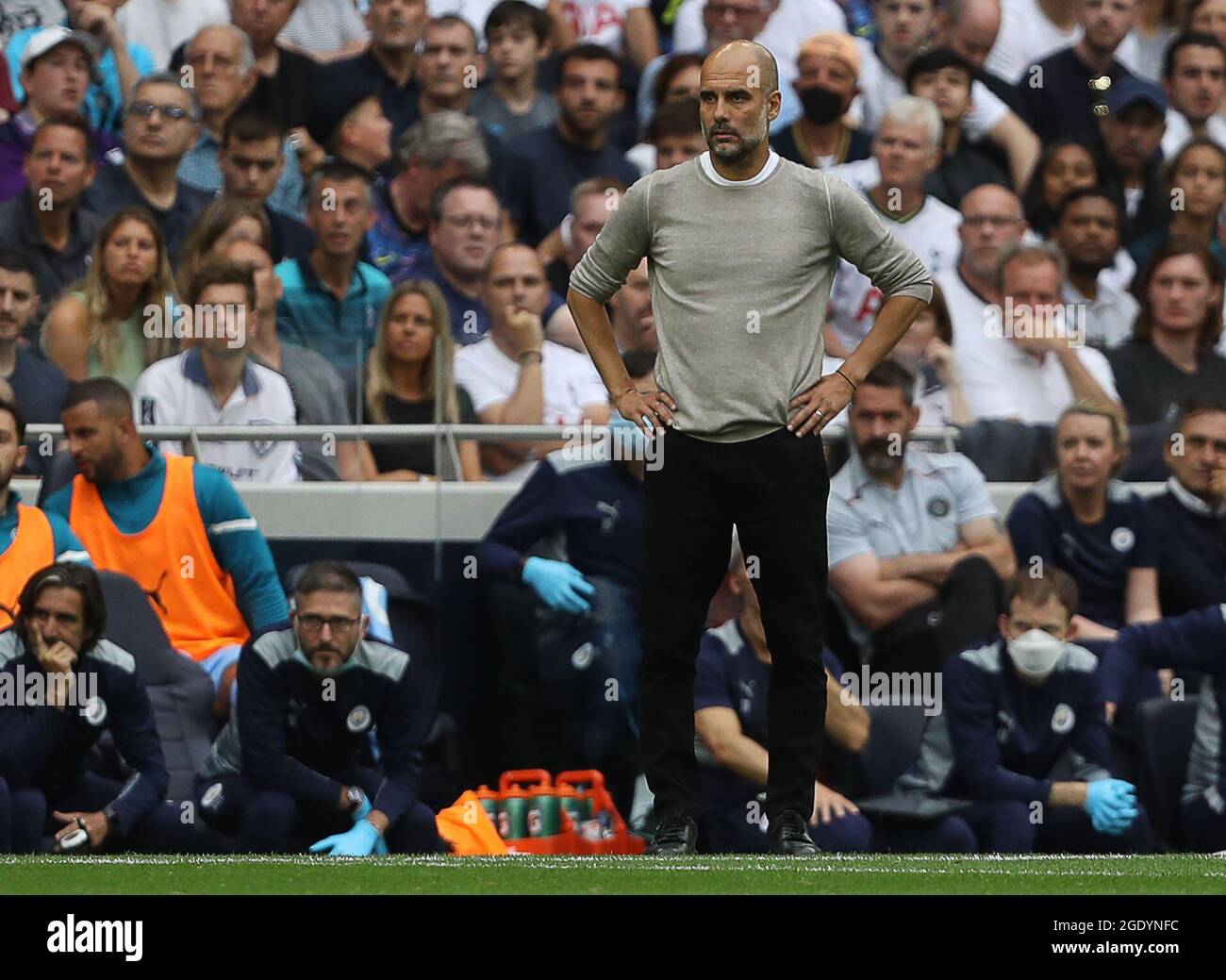 London, England, 15th August 2021. Pep Guardiola, Manager of Manchester City during the Premier League match at the Tottenham Hotspur Stadium, London. Picture credit should read: Paul Terry / Sportimage Stock Photo
