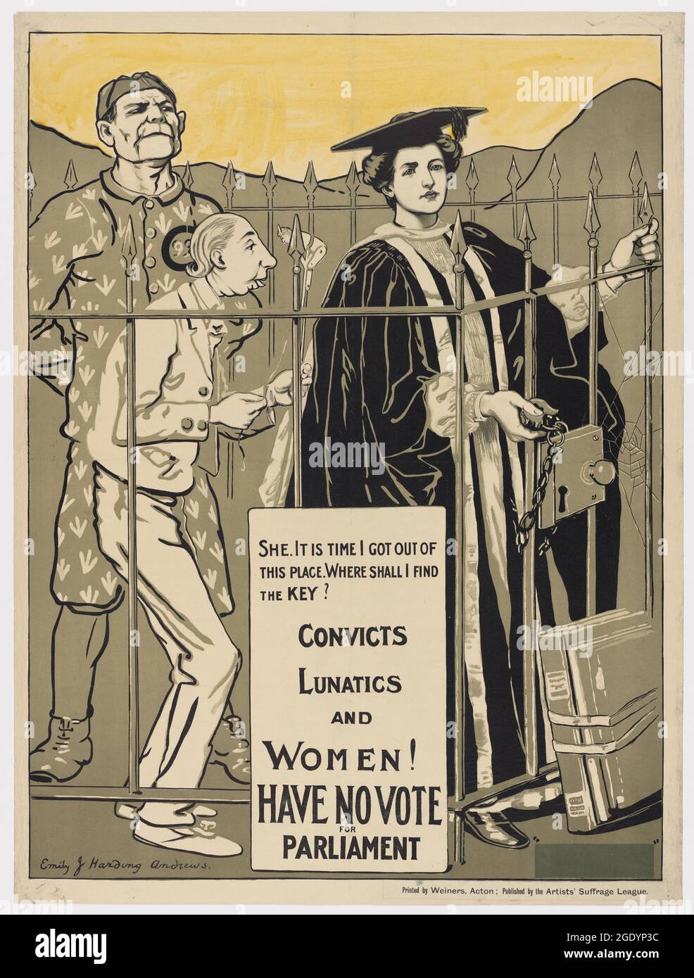 She. It is time I got out of this place. Where Shall I Find The Key? Convicts Lunatics and Women! Have no vote for Parliament. Ca. 1890-1918. Stock Photo