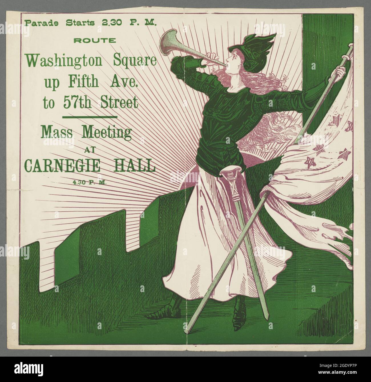 Suffrage poster. Parade Starts 2:30 P.M. Route Washington Square up Fifth Ave. to 57th Street. Mass Meeting at Carnegie Hall 4:30 P.M., ca. 1903-1917. Stock Photo