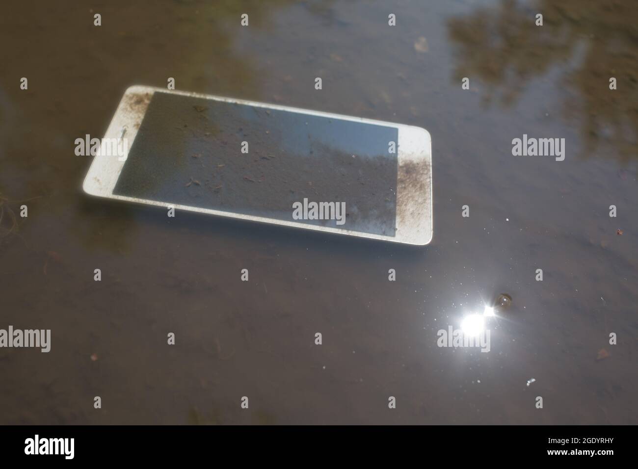Mobile phone lying on pavement in puddle Stock Photo
